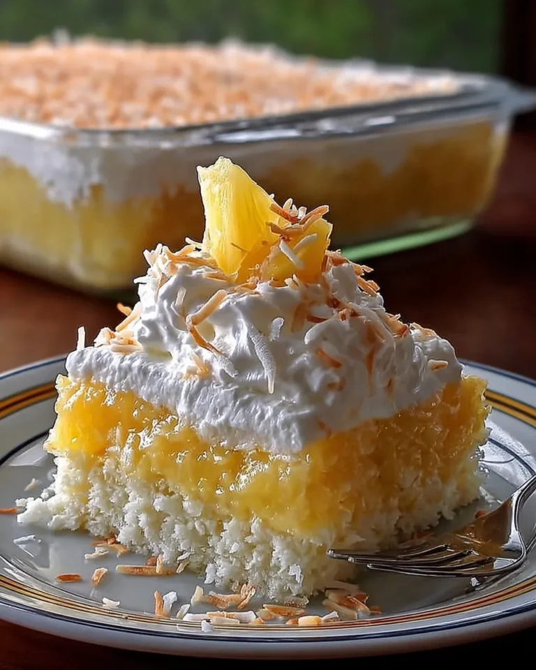 Pineapple Coconut Dream Cake Slice on a Plate
