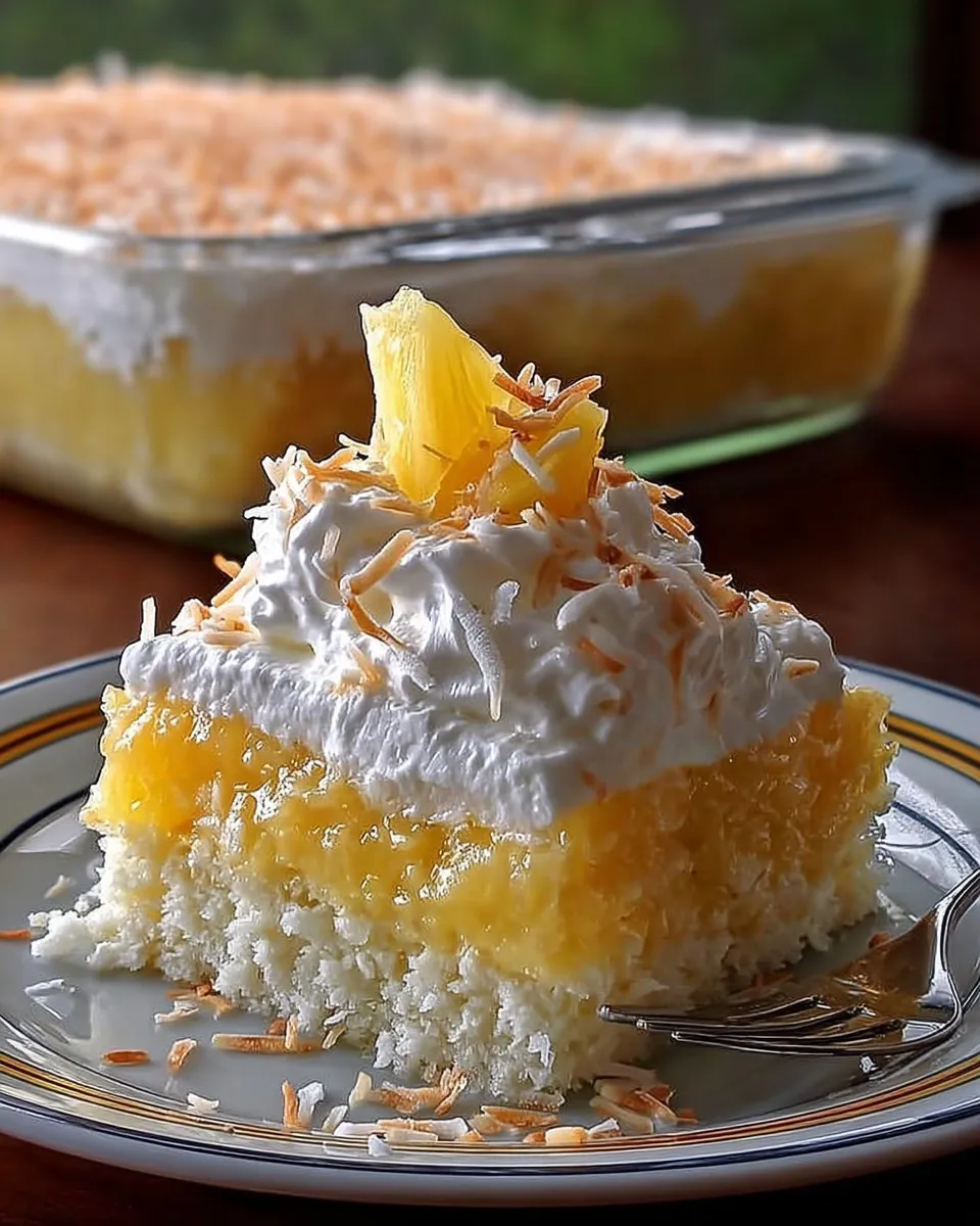 Pineapple Coconut Dream Cake Slice on a Plate