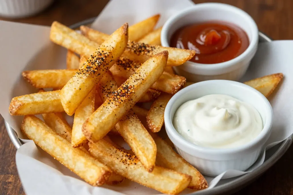 Homemade fast food fries and sides with dipping sauces